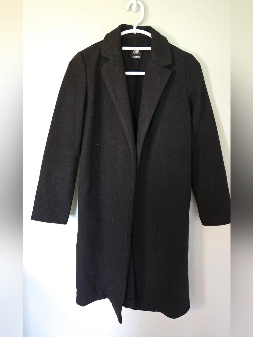 Zara | Black Long Single Breasted Open Front Felted Coat Size Small